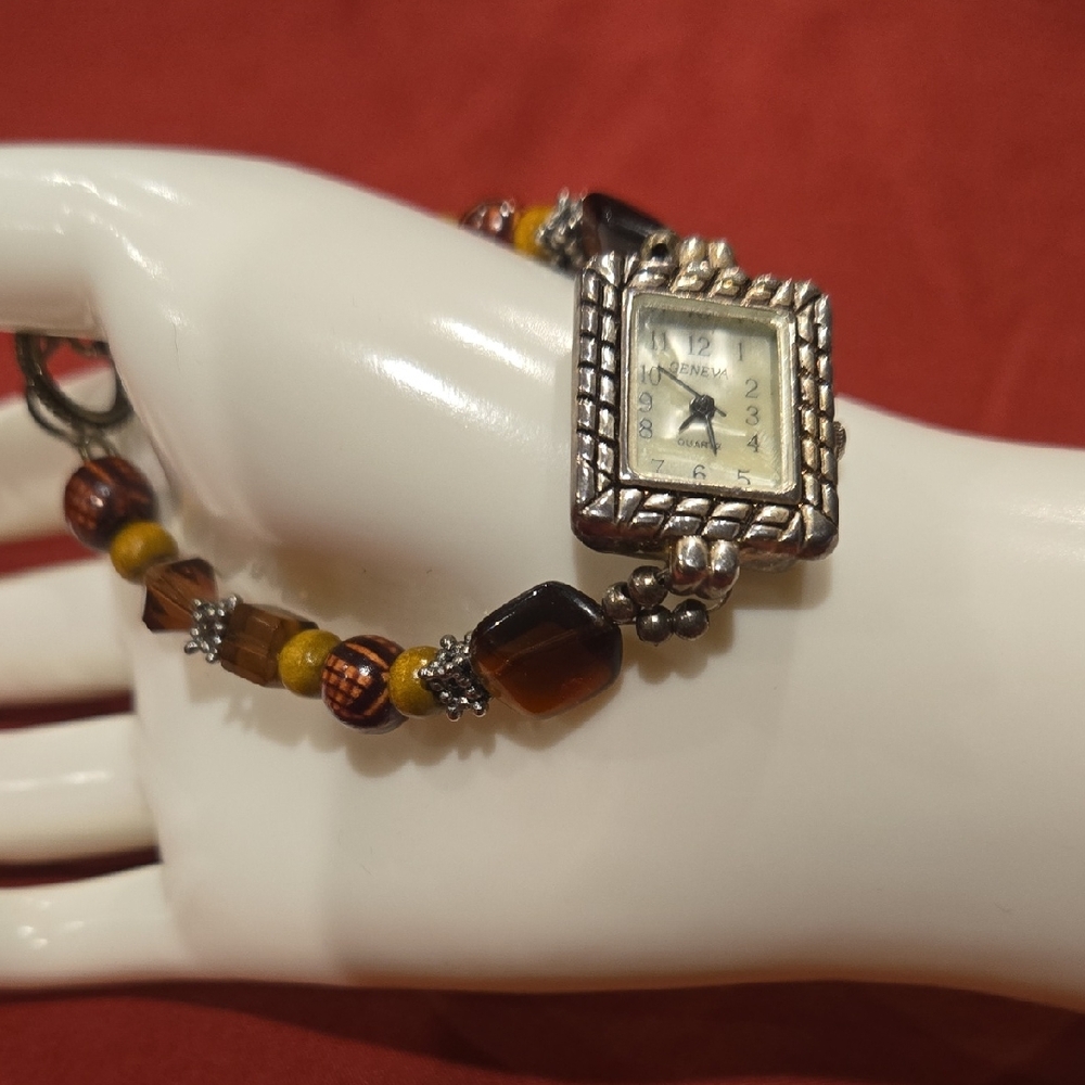 Geneva Silver Watch with Beaded Bracelet